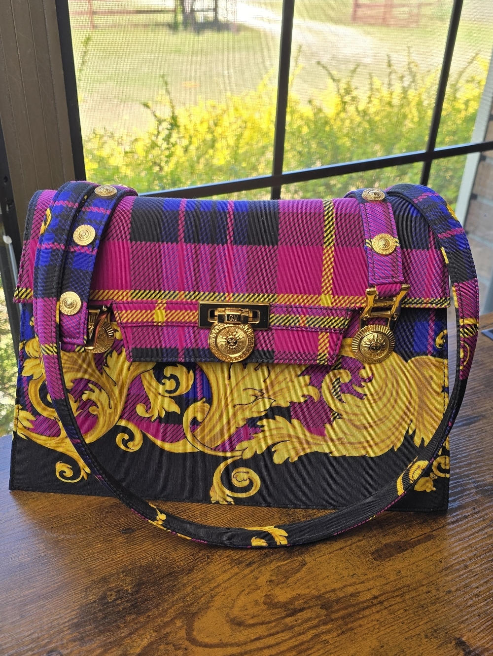 Gianni Versace Vintage Plaid Baroque Sun Medallion Shoulder Bag